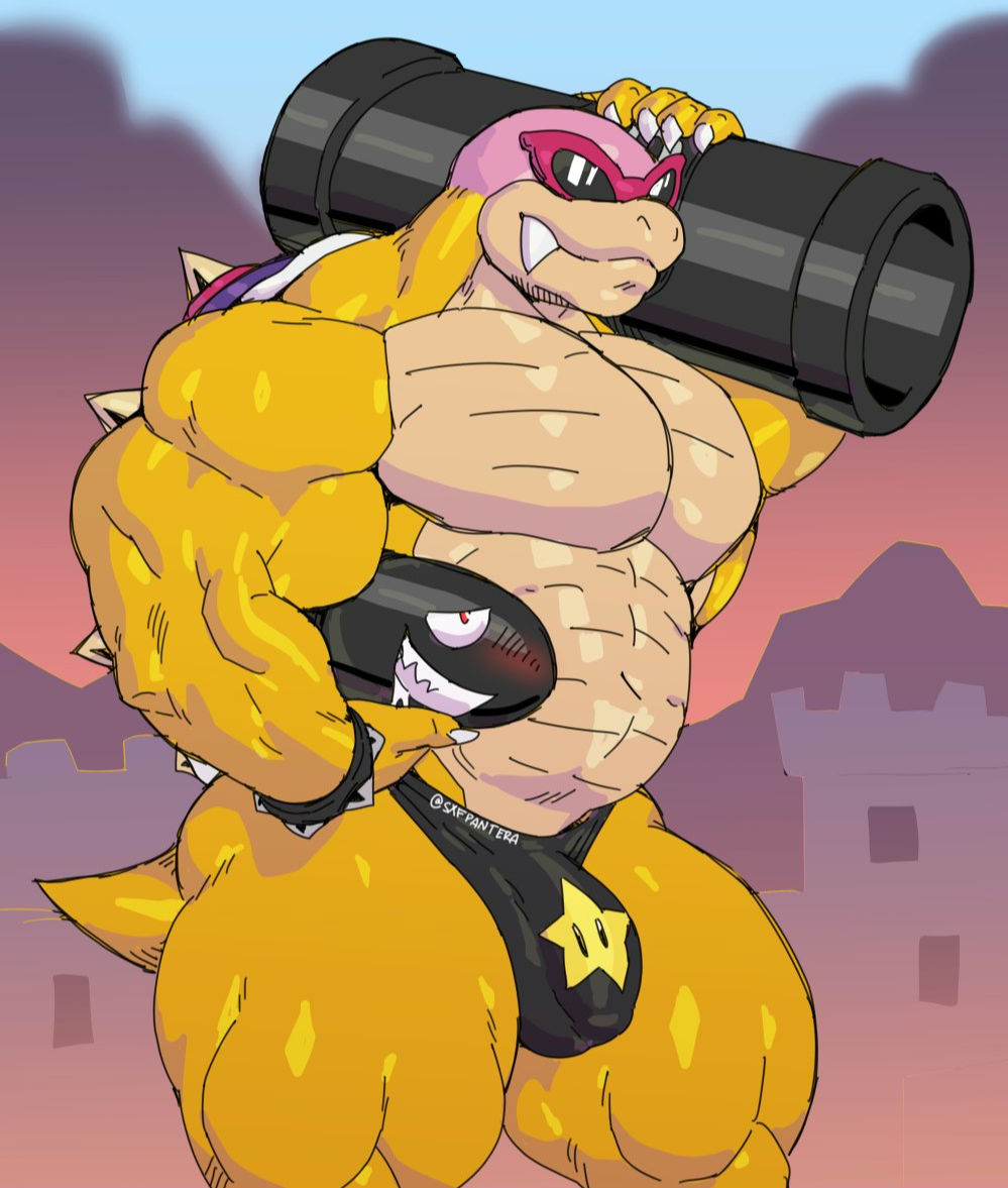 anthro bald biceps blushed bodily_fluids bracelet bulge bullet_bill cannon castle clothing eyewear jewelry koopaling male mario_bros musclegut nintendo pantheradraws pecs raised_tail ranged_weapon roy_koopa saliva sharp_teeth shell smile smirk solo spiked_bracelet spikes star sunglasses teeth thick_thighs triceps video_games weapon