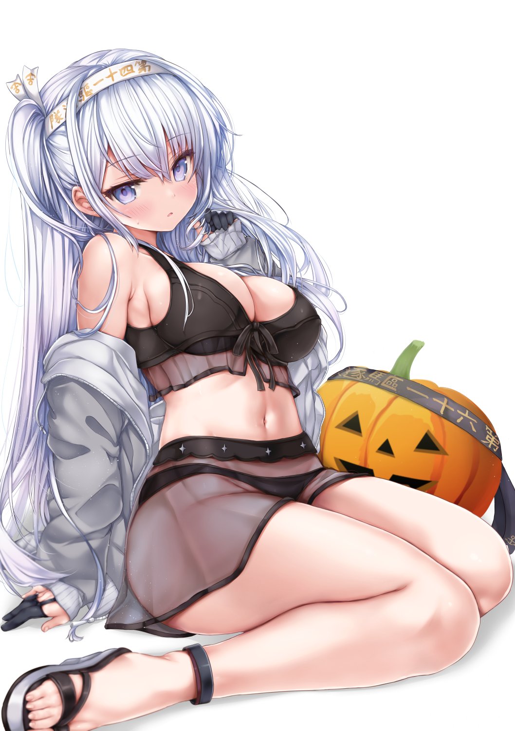 1girl arm_support bikini black_bikini black_gloves black_swimsuit blush breasts cleavage eyebrows_visible_through_hair fuyutsuki_(kancolle) gloves grey_eyes grey_jacket hachimaki hair_between_eyes half_gloves hand_in_own_hair headband highres jacket kantai_collection large_breasts long_hair looking_at_viewer navel nijimoto_hirok off_shoulder open_mouth pumpkin sandals side_ponytail silver_hair sitting solo swimsuit toes white_background