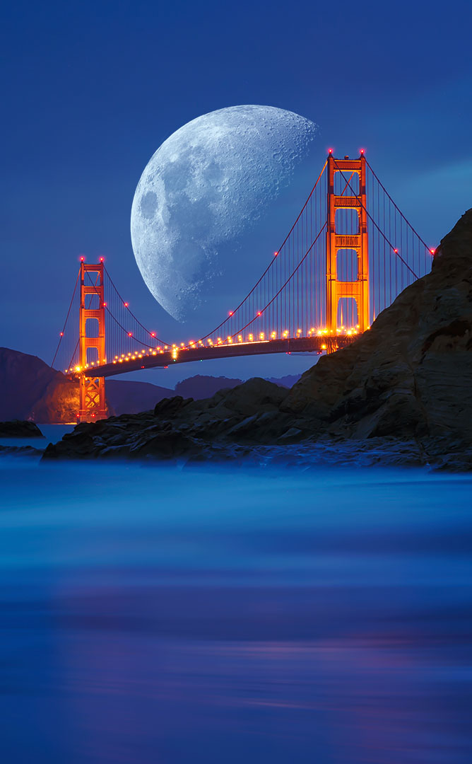 america bridge commentary_request golden_gate_bridge half_moon hoshiumisora light moon night night_sky no_humans original outdoors san_francisco scenery shore sky water