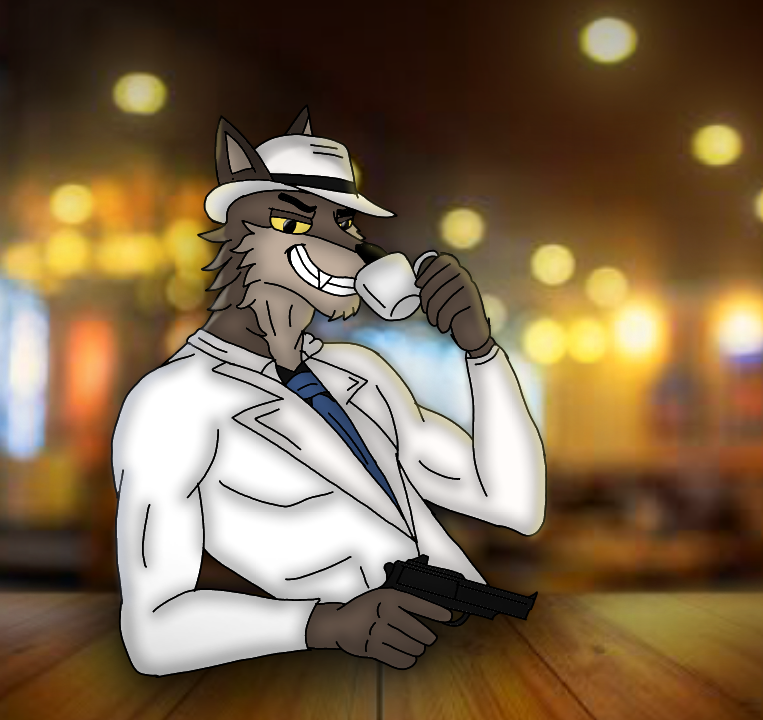 anthro brown_body brown_fur canid canine canis coffee_cup container cup dreamworks fur gun handgun male mammal mr._wolf_(the_bad_guys) nicolasthewolf ranged_weapon revolver solo the_bad_guys weapon white_tuxedo wolf