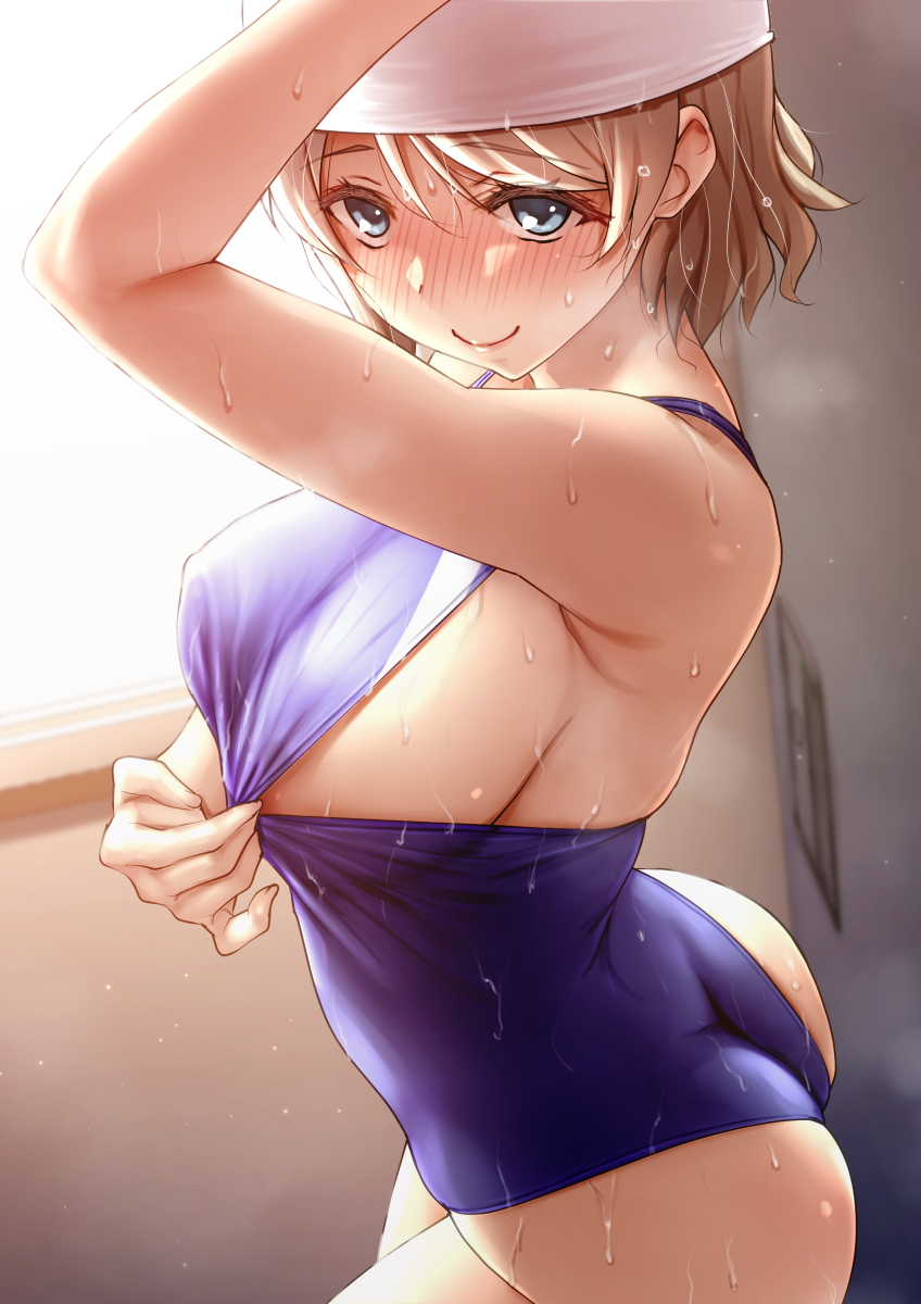 1girl armpits ass blush breasts competition_swimsuit highres love_live! love_live!_sunshine!! one-piece_swimsuit rokko short_hair sideboob swim_cap swimsuit watanabe_you wet window