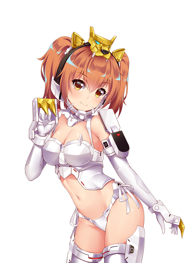 1girl breasts brown_eyes brown_hair claw_pose cleavage elbow_gloves frame_arms_girl gaigar gaogaigar_(crossframe_girl) gloves leaning_forward mecha_musume midriff navel panties personification qingwa_fu_luo smile solo thighhighs twintails underwear white_background white_gloves white_panties yuusha_ou_gaogaigar yuusha_series