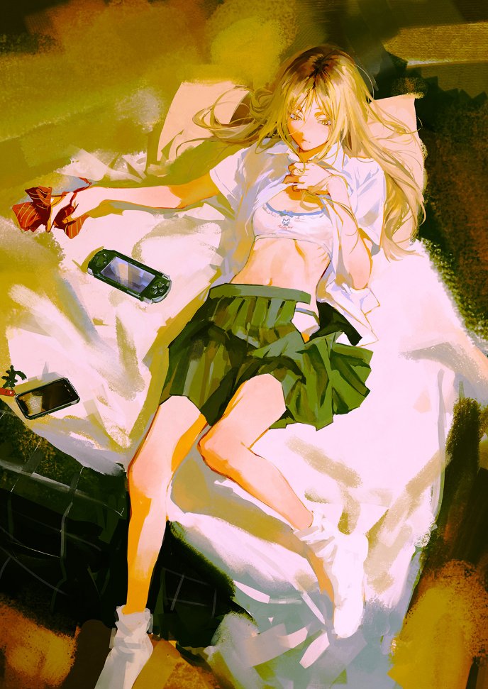 1girl bed black_cat black_hair blanket blonde_hair bow bowtie bowtie_removed bra cat cellphone cellphone_charm charm_(object) commentary english_commentary feet_out_of_frame flat_chest game_console genderswap genderswap_(mtf) green_skirt haikyuu!! hair_between_eyes hair_over_one_eye hair_strand holding holding_bow huangdanlan indoors kozume_kenma leg_up long_hair looking_away looking_down lying midriff miniskirt no_shoes on_back on_bed open_clothes open_shirt open_skirt outstretched_arm panties phone pillow pleated_skirt print_bra red_bow red_bowtie ribs school_uniform shirt shirt_hold short_sleeves skinny skirt socks solo underwear white_bra white_panties white_shirt