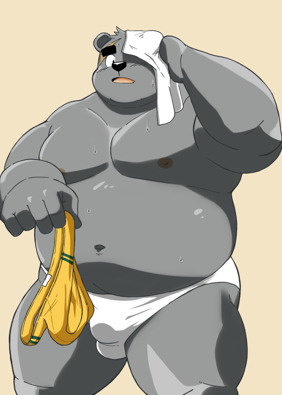 2022 anthro belly big_belly black_nose bulge clothing grey_body humanoid_hands kemono male mammal moobs navel nipples overweight overweight_male scar shiba-kenta simple_background solo towel underwear ursid