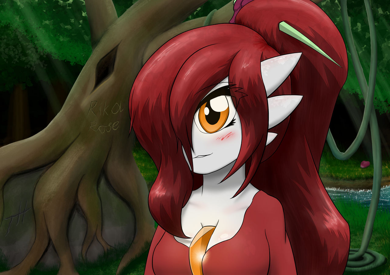 2021 blush blush_lines breasts cleavage clothed clothing detailed_background female forest gardevoir ghostth39 hair hair_over_eye humanoid long_hair medium_breasts nintendo not_furry one_eye_obstructed orange_eyes plant pok&eacute;mon pok&eacute;mon_(species) ponytail red_hair smile solo tree tree_carving tree_root video_games