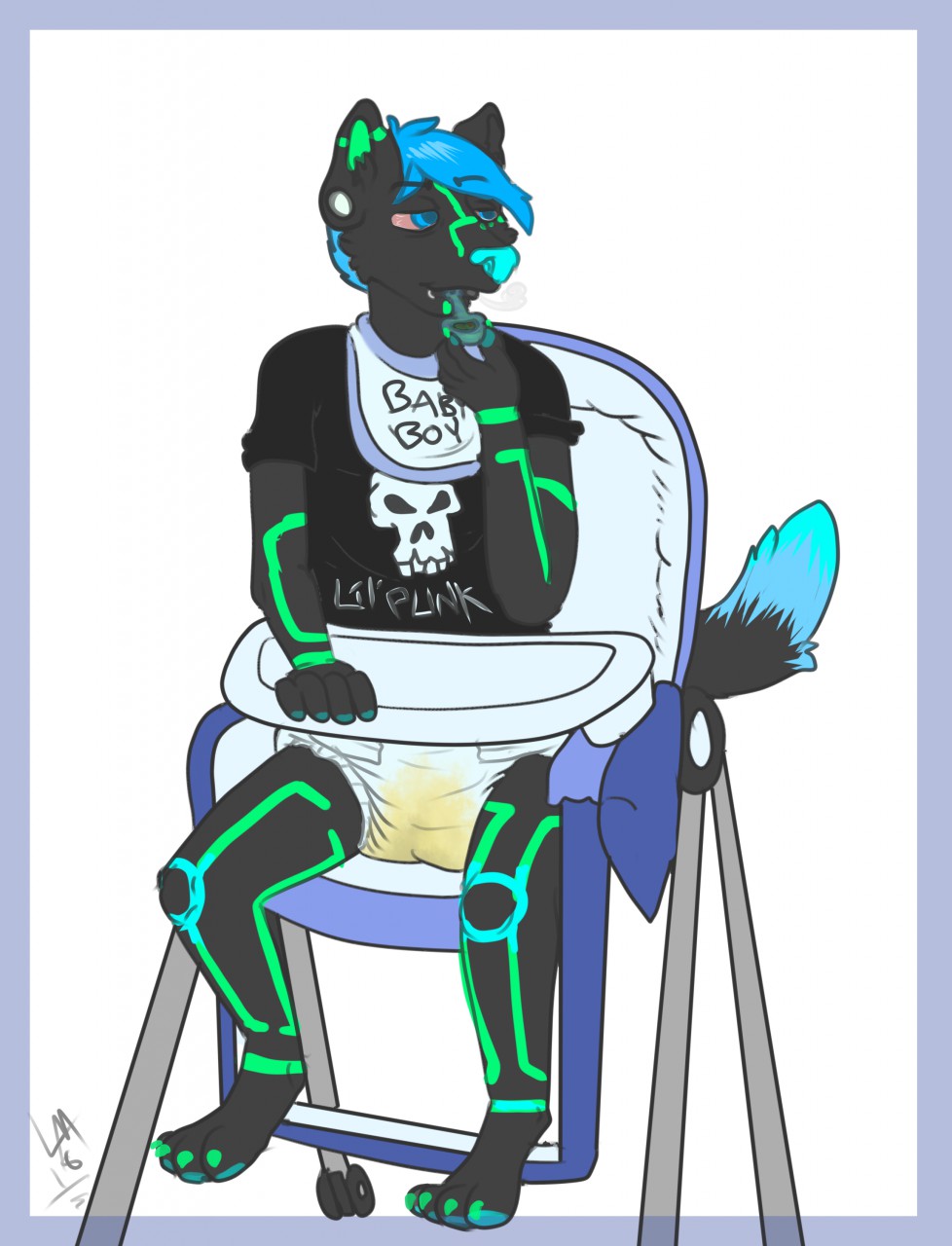 anthro archived_source bib biped bodily_fluids clothed clothing crinkleclop cypher_(diaperedglowwolf) diaper digital_drawing_(artwork) digital_media_(artwork) dipstick_tail fur genital_fluids hair hi_res highchair male markings shirt simple_background sitting solo tail_markings topwear urine wet_diaper wetting