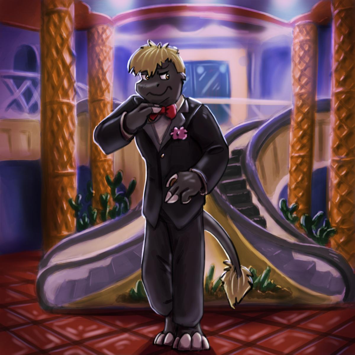 agent_washington anthro black_tie_(suit) bow_tie casino chupadore clothing crossroadspony detailed_background dress_pants flower hi_res lobby looking_away male plant raemyshu rvb_revolution slim solo suit uncomfortable