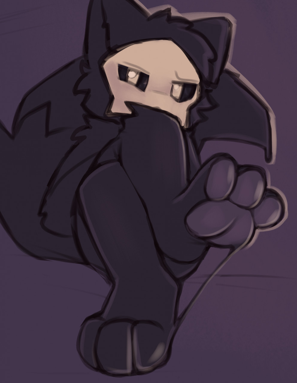 ambiguous_gender anthro black_body canid canine canis changed_(video_game) crossed_legs feet foot_focus fur goo_creature hand_on_leg hi_res joooji looking_at_viewer low_lighting male mammal pawpads paws puro_(changed) purple_background purple_pawpads questioning_look shaded simple_background simple_shading solo white_eyes white_face wolf