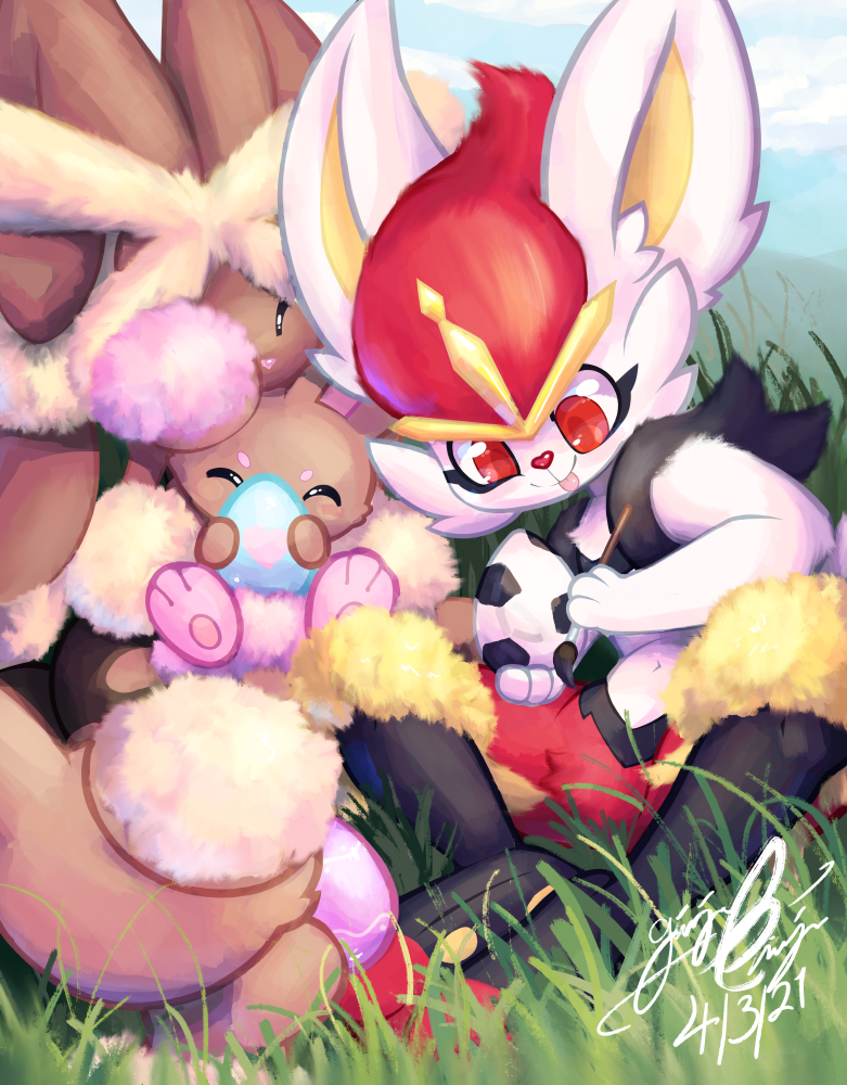 buneary cinderace egg fluffy gingy_k_fox group lopunny mega_evolution mega_lopunny nintendo outside paint pok&eacute;mon pok&eacute;mon_(species) video_games