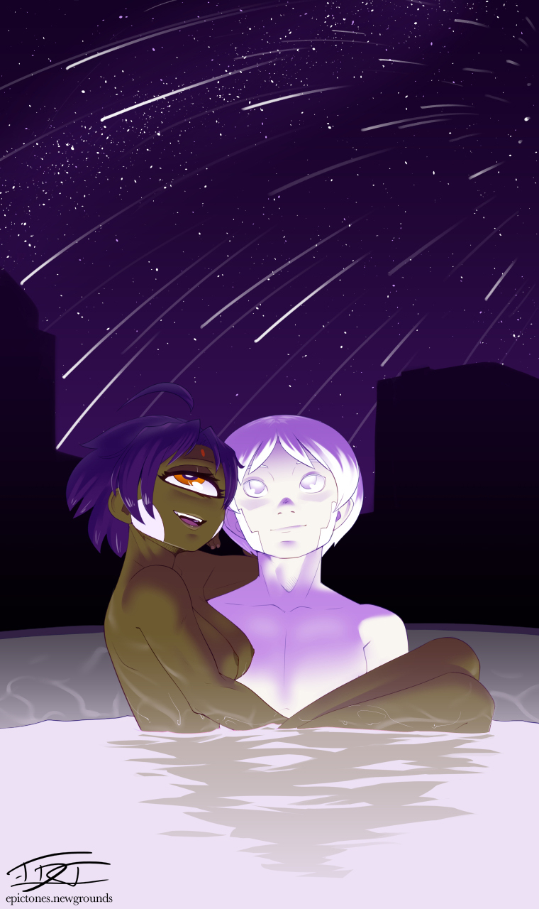 1_eye 2022 ahoge areola benz_(hardtones) cyclops dark_body dark_skin duo fangs female hair hardtones hi_res hot_tub humanoid male night nipples not_furry nude open_mouth open_smile outside partially_submerged petra_(hardtones) purple_hair shooting_star short_hair signature sky smile star stargazing starry_sky white_body white_eyes white_hair white_skin