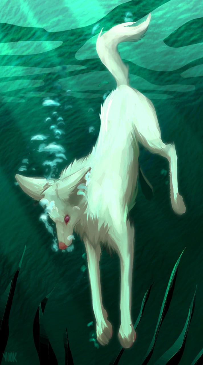 ambiguous_gender asphyxiation back_tuft bubble chest_tuft drowning feral fur head_tuft hi_res monotone_body monotone_fur pink_nose quadruped red_eyes signature solo tuft underwater water white_body white_ears white_fur white_tail yookie