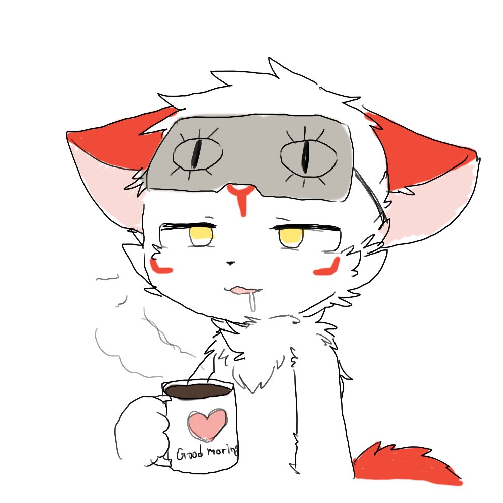 &lt;3 anthro beverage blindfold bodily_fluids canid canine changed_(video_game) chano chest_tuft coffee coffee_cup coffee_mug container cup drooling english_text fox fur holding_mug holding_object male mammal mug multicolored_body multicolored_fur open_mouth pink_inner_ear red_body red_ears red_fur red_tail saliva shizi_(changed) simple_background solo text tired tired_eyes tuft white_background white_body white_fur yellow_eyes
