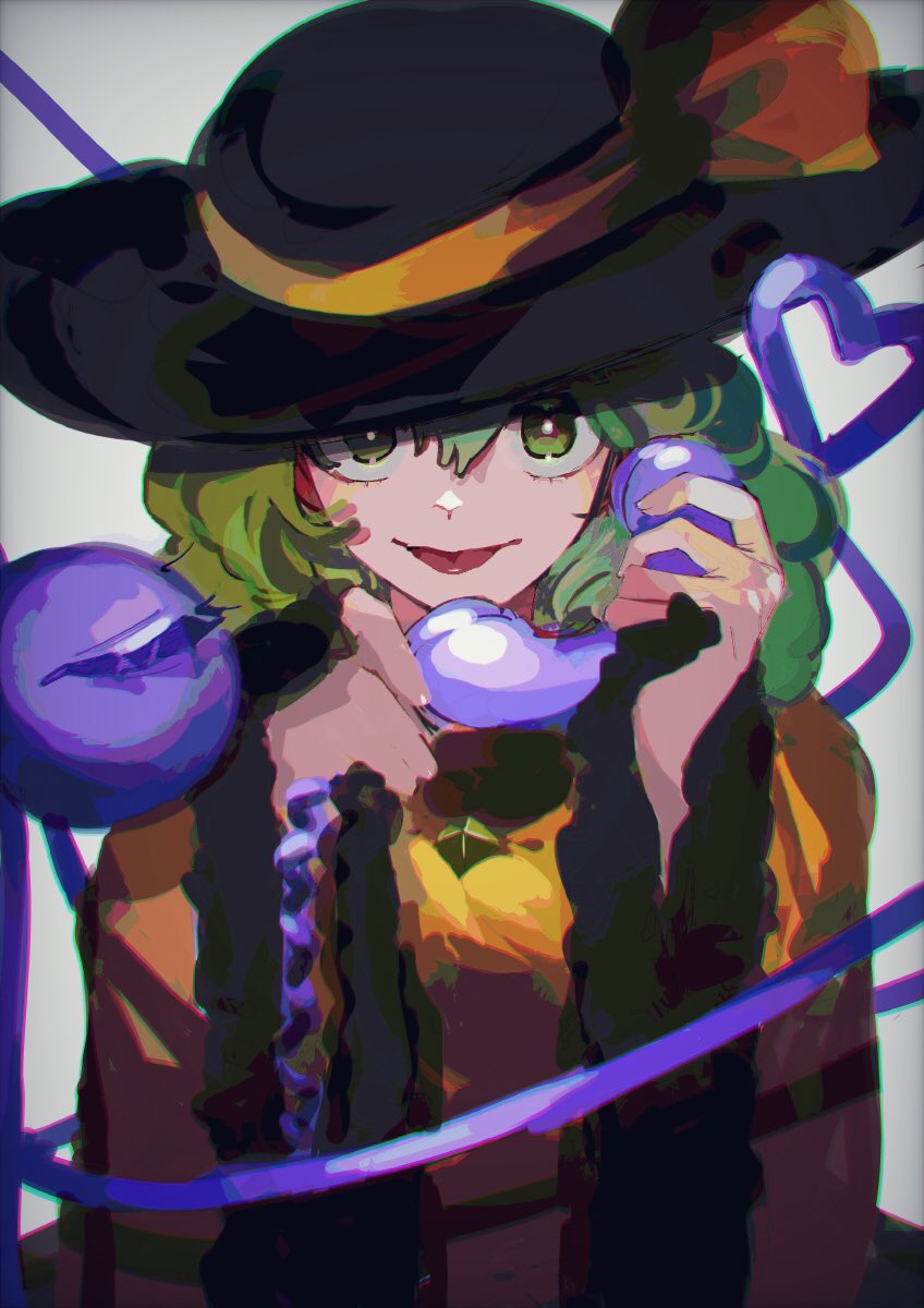 1girl :p bad_id bad_twitter_id black_headwear blouse bright_pupils closed_mouth corded_phone frilled_sleeves frills gotagotay green_eyes green_hair grey_background hair_between_eyes hands_up hat hat_ribbon heart heart_of_string highres holding holding_phone komeiji_koishi long_sleeves looking_at_viewer medium_hair phone ribbon simple_background solo third_eye tongue tongue_out touhou upper_body white_pupils wide_sleeves yellow_blouse yellow_ribbon