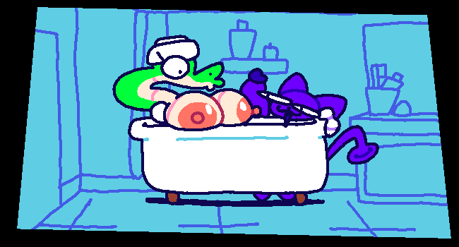 alien anthro bathing bathroom bathtub big_breasts big_penis bob_(superiorfoxdafox) breasts domestic_cat felid feline felis female genitals looking_at_another lucy_swallows male mammal penis reptile scalie snake superiorfox surprise