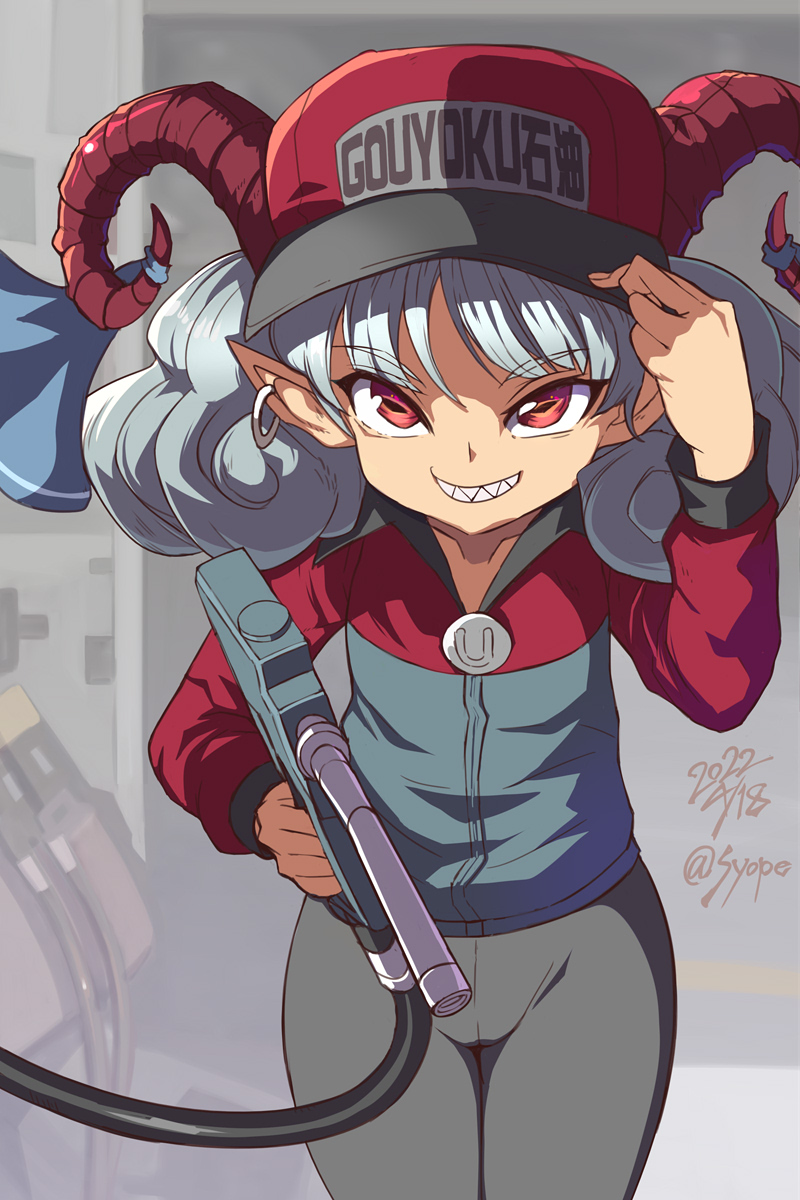 1girl alternate_costume bangs blue_bow bow collarbone dated employee_uniform eyebrows_visible_through_hair gas_station gasoline goat_horns hat hat_tip highres horn_bow horn_ornament horns looking_at_viewer pants pointy_ears rectangular_pupils red_eyes sharp_teeth shope short_hair signature smile solo teeth touhou touhou_gouyoku_ibun toutetsu_yuuma undefined uniform wavy_hair