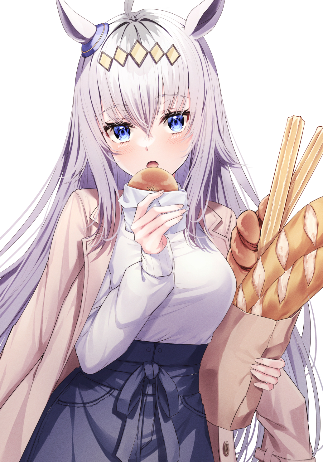 1girl ahoge animal_ears bag baguette bangs black_skirt blue_eyes blush bread breasts brown_coat casual churro coat coat_on_shoulders cowboy_shot eating eyebrows_visible_through_hair food grocery_bag high-waist_skirt highres holding holding_bag holding_food horse_ears horse_girl long_hair medium_breasts oguri_cap_(umamusume) open_clothes open_coat open_mouth primamiya shirt shopping_bag silver_hair simple_background skirt solo umamusume very_long_hair white_background white_shirt wrapper