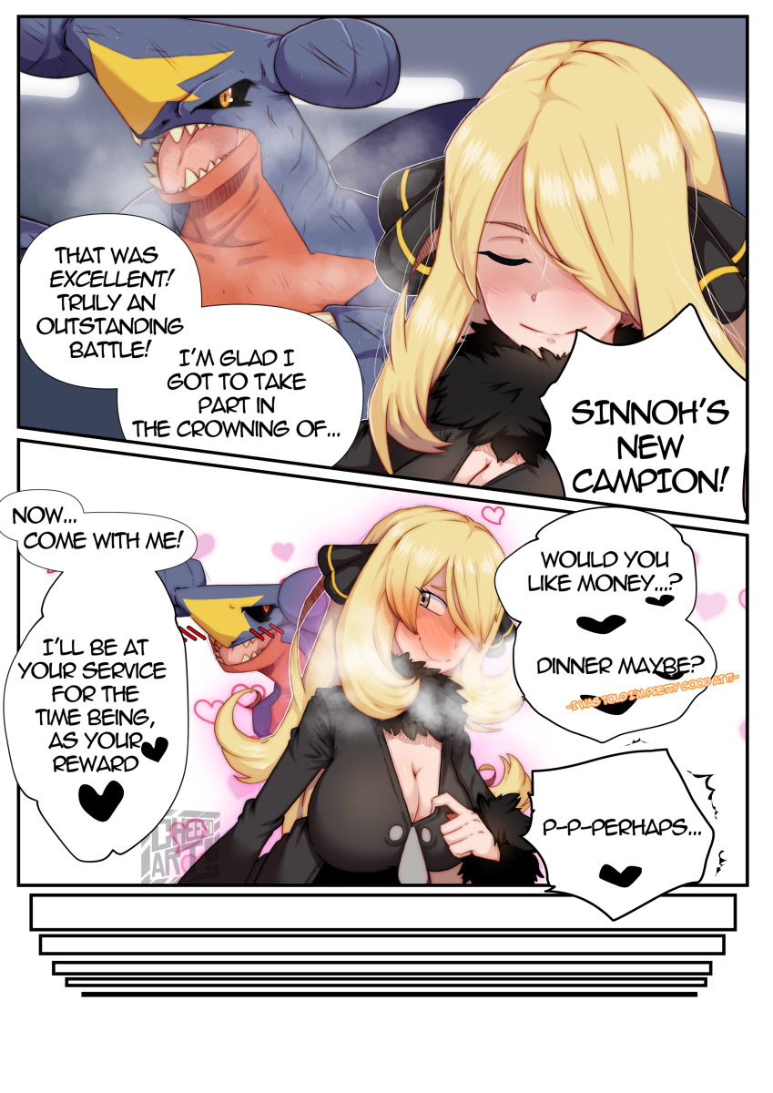 &lt;3 big_breasts blonde_hair blush breasts breath cheesoart cleavage clothed clothing coat comic cynthia_(pok&eacute;mon) dialogue dragon duo female feral fish garchomp hair hi_res human long_hair mammal marine nintendo offering_to_another panting pok&eacute;mon pok&eacute;mon_(species) pok&eacute;mon_champion scratches shark teasing text tongue topwear video_games