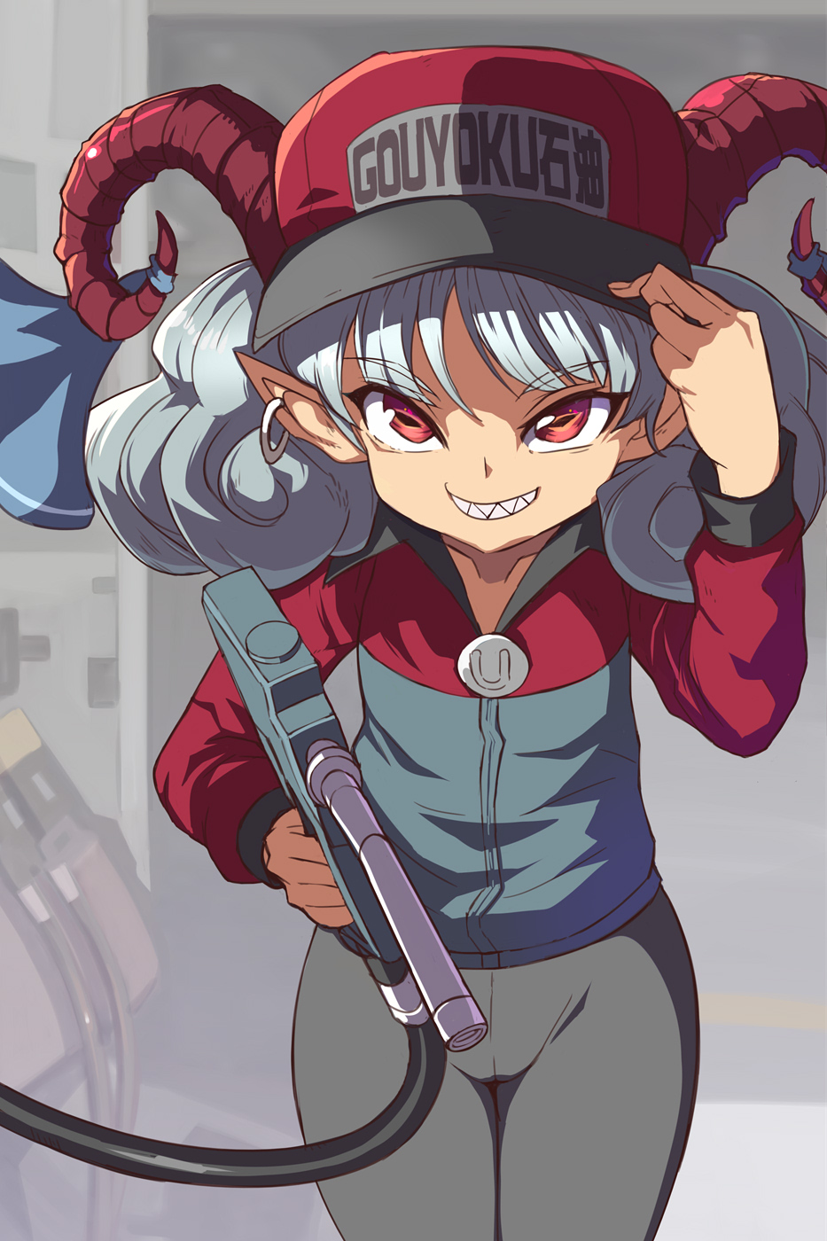1girl alternate_costume bangs blue_bow bow collarbone dated employee_uniform eyebrows_visible_through_hair gas_station gasoline goat_horns hat hat_tip highres horn_bow horn_ornament horns looking_at_viewer pants pointy_ears rectangular_pupils red_eyes sharp_teeth shope short_hair signature smile solo teeth touhou touhou_gouyoku_ibun toutetsu_yuuma undefined uniform wavy_hair