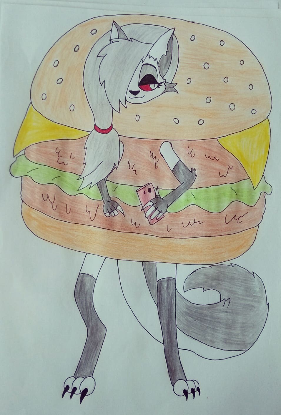 anthro boss burger canid canid_demon cheeseburger_costume clothing costume demon female food food_costume hellhound helluva helluva_boss hi_res kigtoons loona_(helluva_boss) mammal reynold-the-cat solo