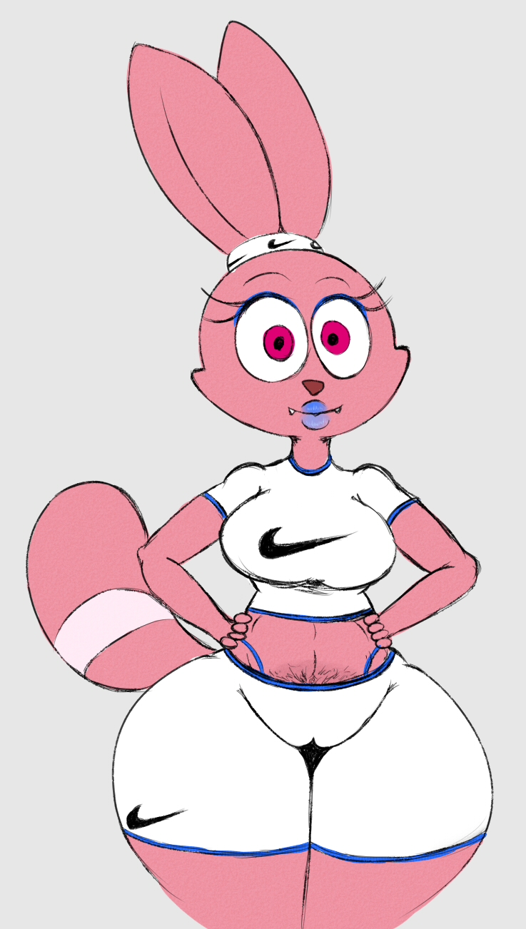 accessory anthro big_breasts blue_lips bottomwear breasts camel_toe cartoon_network chowder_(series) clothing female hair_accessory hairband hand_on_hip hi_res huge_thighs lagomorph leporid lips looking_at_viewer mammal neom-daddy nike panini_(chowder) pink_body pubes rabbit red_eyes shirt shorts smile solo thick_thighs thong topwear underwear wide_hips