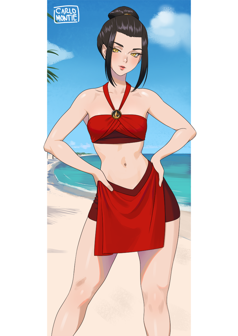 1girl artist_name avatar:_the_last_airbender avatar_(series) azula beach bikini black_hair blush breasts carlo_montie cloud collarbone day english_commentary eyebrows_visible_through_hair eyelashes feet_out_of_frame forehead halterneck hands_on_hips legs lipstick looking_at_viewer makeup medium_breasts medium_hair navel ocean outdoors palm_tree parted_lips pink_lips red_bikini shadow sidelocks solo standing stomach swimsuit thighs topknot tree yellow_eyes