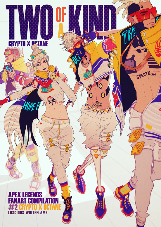 1girl 3boys adapted_costume apex_legends black_lips blonde_hair blue_footwear breasts cornrows cover cover_page cropped_jacket crypto_(apex_legends) doujin_cover elbow_gloves english_commentary fingerless_gloves gloves goggles goggles_on_head hair_bun hand_in_pocket hype_beast_crypto kaori_tanaka lit_witt_mirage mask medium_breasts midriff mirage_(apex_legends) mouth_mask multiple_boys navel octane_(apex_legends) official_alternate_costume pants scarf shirt shoes smile sneakers sunglasses torn_clothes torn_shirt white_eyes white_gloves white_hair white_pants white_shirt wraith_(apex_legends)
