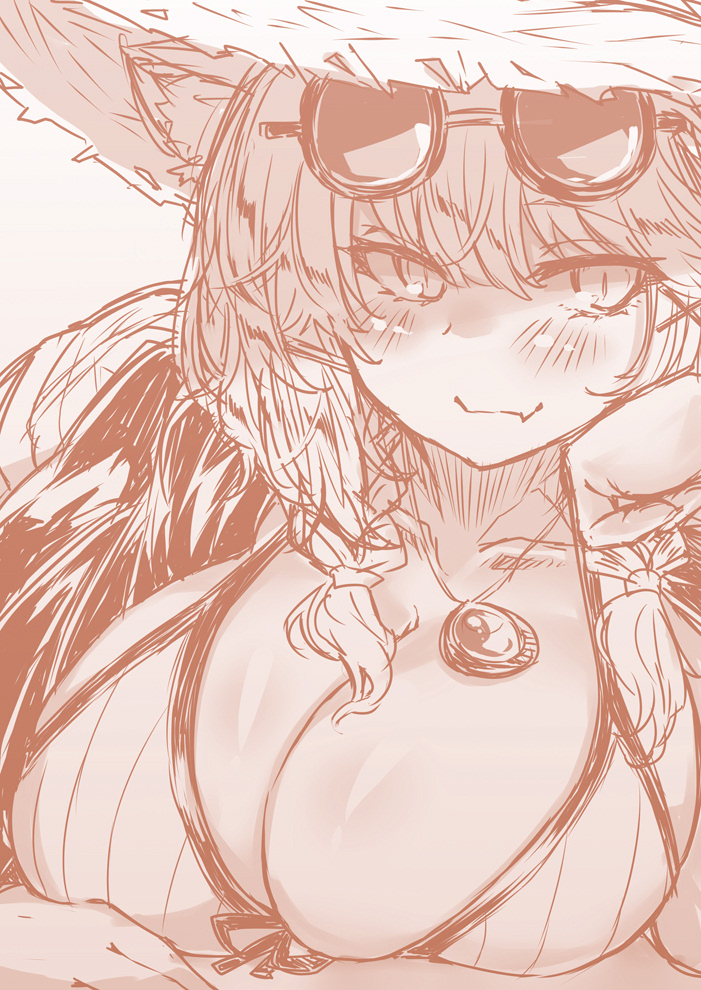 1girl amulet animal_ears arknights bangs blush breasts close-up closed_mouth collarbone commentary_request eyewear_on_head face fang hair_between_eyes hair_ornament hair_over_shoulder half-closed_eyes halterneck hat huge_breasts looking_at_viewer messy_hair short_twintails skin_fang smile solo straw_hat swimsuit twintails upper_body utage_(arknights) utage_(summer_flowers)_(arknights) x_hair_ornament yume_(i_think.)