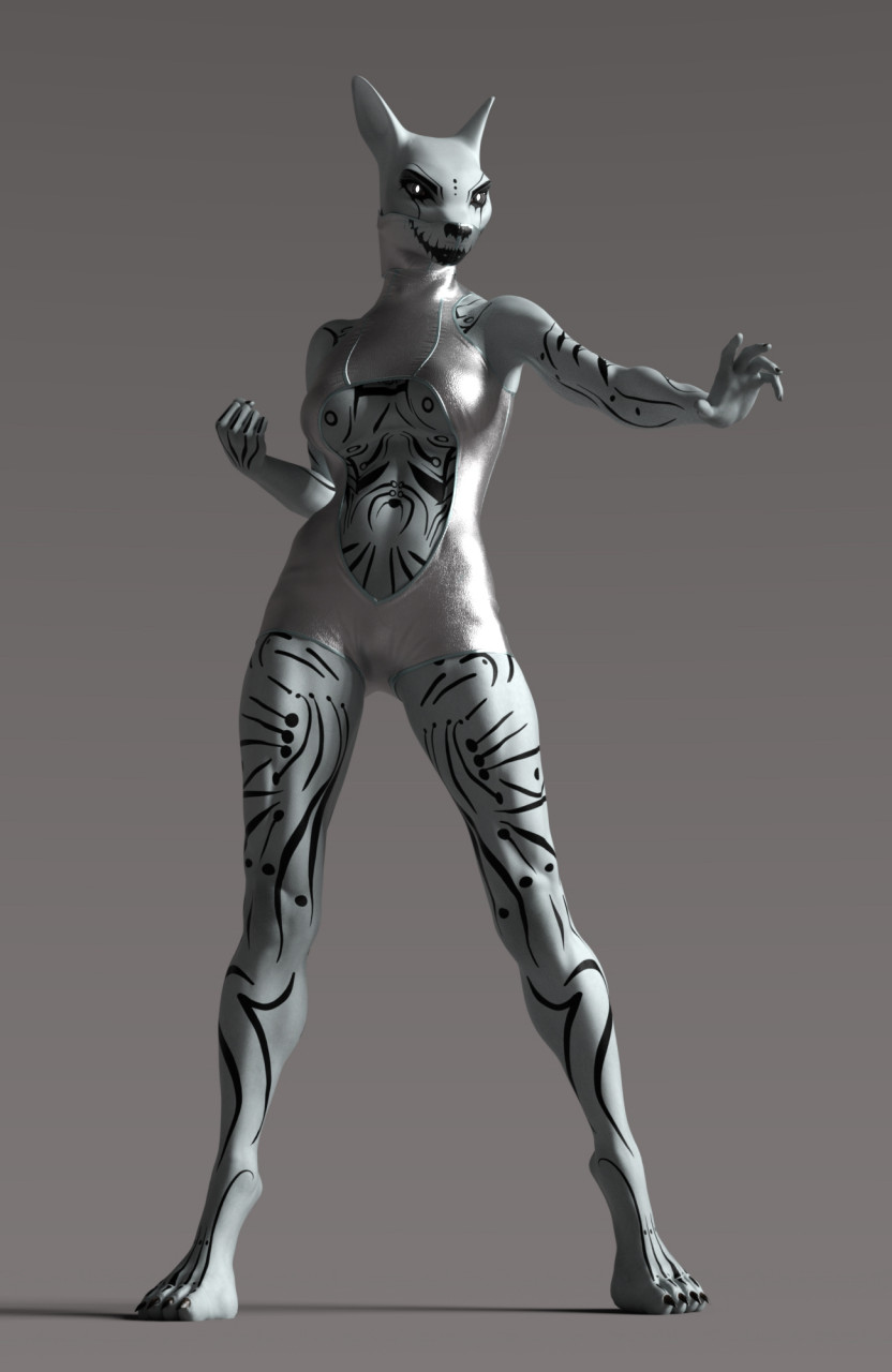 3d_(artwork) 4_toes 5_fingers anthro athletic athletic_female barefoot black_claws black_fingernails black_markings claws cleavage_cutout clothing digital_media_(artwork) earthclan3d feet female fingers glistening glistening_clothing grey_background grey_eyes half_naked hi_res leah_(earthclan) markings mask muscular_thighs navel pose pupils silver_clothing simple_background soft_abs solo standing toes ventral_groove white_body white_pupils wide_stance