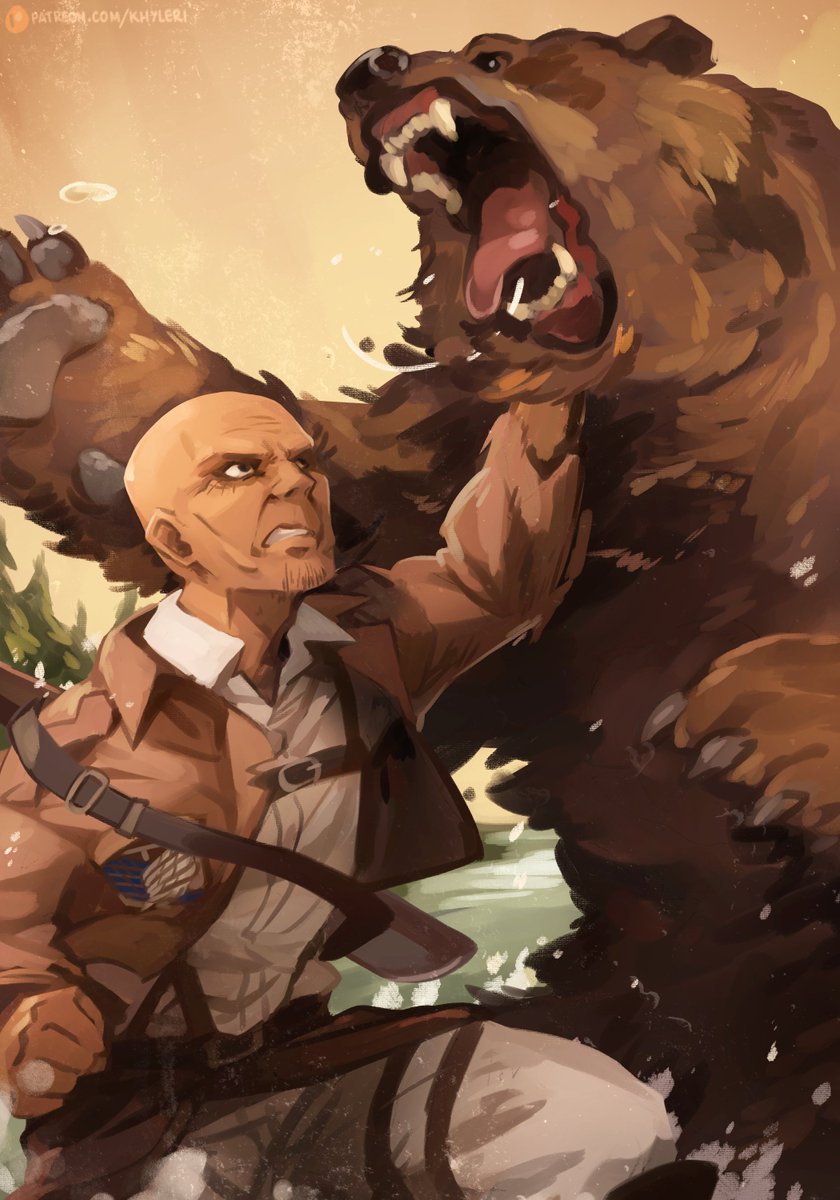 1boy animal attack bald battle boots brown_theme buzz_cut claws clenched_hand coat commentary facial_hair fang furry goatee highres keith_shadis khyle. knee_boots male_focus old old_man open_mouth pain pants paradis_military_uniform screaming sharp_teeth shingeki_no_kyojin short_hair solo survey_corps_(emblem) teeth very_short_hair white_pants wrinkled_skin