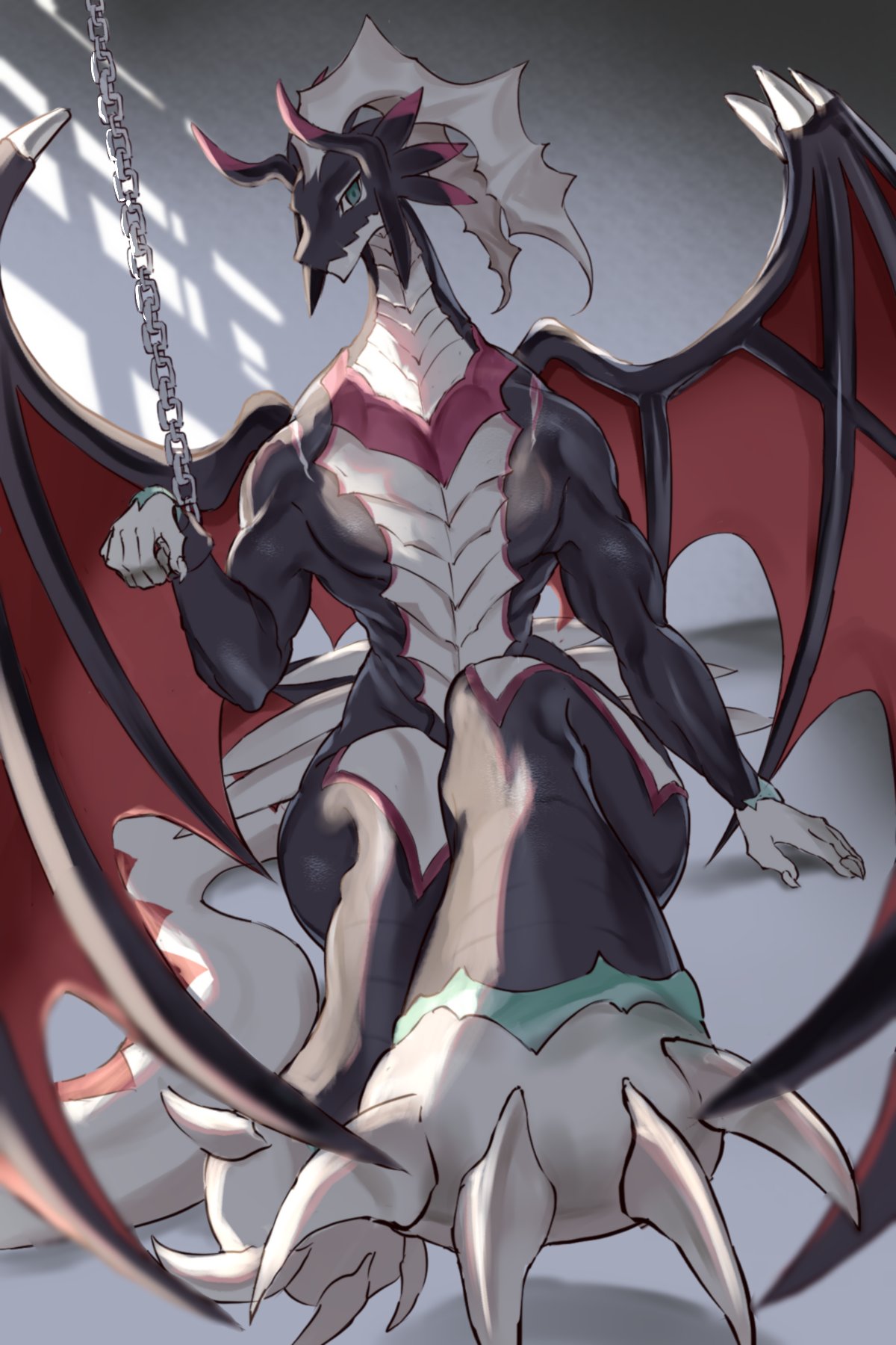 chain chained claws dragon dragonmaid_strahl duel_monster hi_res horn konami looking_at_viewer membrane_(anatomy) membranous_wings nude passionpit777 solo wing_claws wings yu-gi-oh