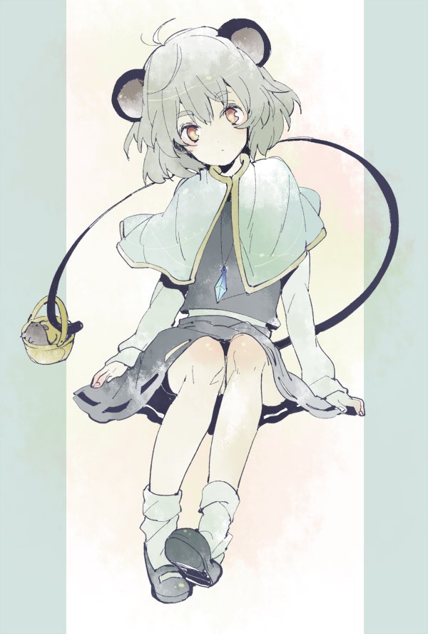 1girl animal animal_ears bangs basket black_footwear capelet closed_mouth full_body grey_hair grey_skirt grey_vest invisible_chair jewelry kiguchiko layered_clothing long_sleeves looking_at_viewer mouse mouse_ears mouse_girl mouse_tail nazrin pendant shirt short_hair simple_background sitting skirt skirt_set socks tail touhou vest white_legwear white_shirt