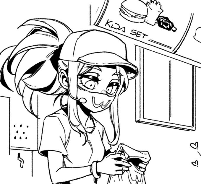 1girl akali bag bangs bracelet breasts burger food french_fries greyscale heart holding holding_bag jewelry k/da_(league_of_legends) league_of_legends long_hair mask mcdonald's monochrome mouth_mask parted_bangs phantom_ix_row ponytail short_sleeves small_breasts solo upper_body