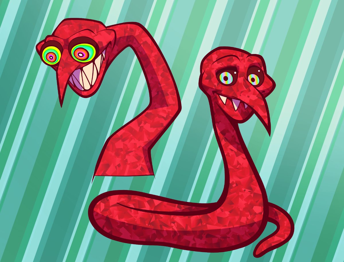 abstract_background black_sclera female gooseworx grin juice_galaxy long_nose monster mrs._slithers multicolored_eyes red_body red_skin reptile scalie sharp_teeth smile snake solo teeth