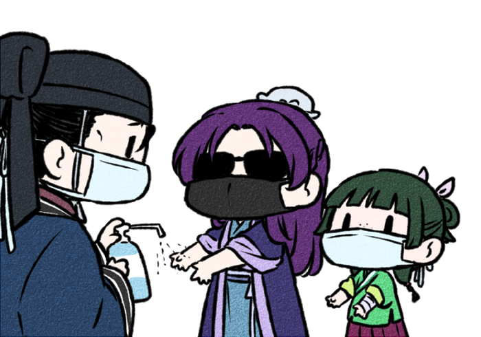 1girl 2boys bangs black_hair blunt_bangs bun_cover chibi chinese_clothes coat coronavirus_pandemic covered_mouth facing_another feet_out_of_frame freckles gaoshun_(kusuriya_no_hitorigoto) green_hair hair_bun hair_ribbon hanfu hat holding jinshi_(kusuriya_no_hitorigoto) kusuriya_no_hitorigoto long_hair long_sleeves looking_at_another maomao_(kusuriya_no_hitorigoto) mask mouth_mask multiple_boys nekokurage_(gen'eikai_tsuushin) outstretched_arms purple_hair ribbon robe sash sidelocks simple_background skirt sleeves_rolled_up soap_bottle solid_oval_eyes sunglasses twintails washing_hands white_background wide_sleeves