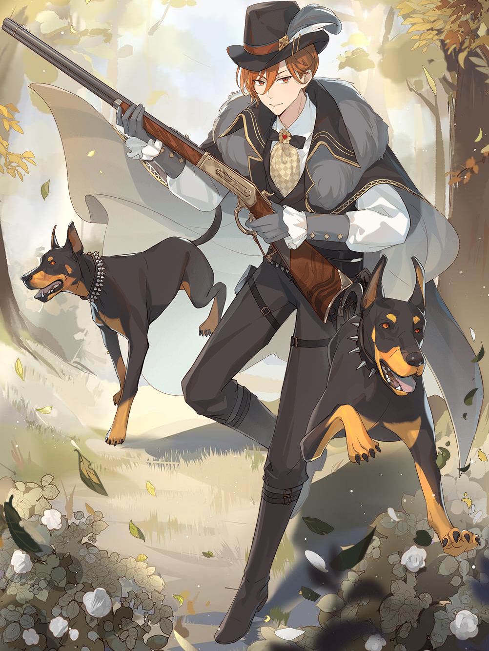 1boy artist_request ascot belt black_bow black_bowtie black_cape black_footwear black_headwear black_pants black_vest boots bow bowtie brooch brown_hair cape checkered_ascot collar collared_cape collared_shirt doberman earl_grey_tea_(food_fantasy) earrings falling_leaves flower food_fantasy forest fur-trimmed_cape fur_trim gloves gold_trim grass grey_gloves gun hair_between_eyes hat hat_feather heart_brooch highres holding holding_gun holding_weapon jewelry leaf looking_at_viewer looking_to_the_side male_focus musket nature official_art pants petals puffy_sleeves red_eyes shirt short_hair single_earring sleeves_past_wrists smile solo spiked_collar spikes standing thigh_pouch third-party_source tree v-shaped_eyebrows vest weapon white_flower white_shirt