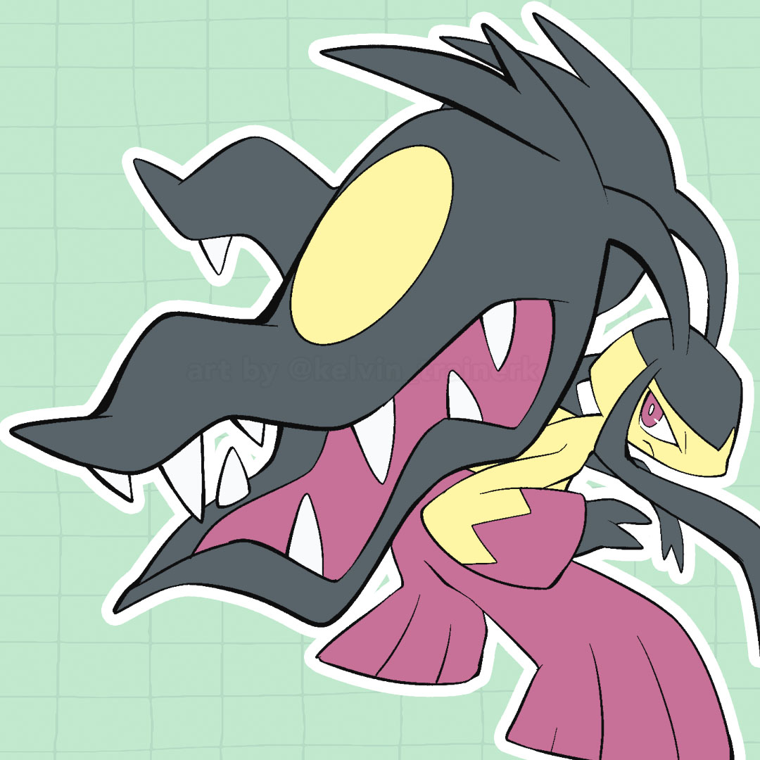 bright_pupils closed_mouth commentary frown green_background grid_background kelvin-trainerk looking_back mawile mega_mawile mega_pokemon outline pokemon pokemon_(creature) purple_eyes solo squatting twitter_username watermark white_pupils