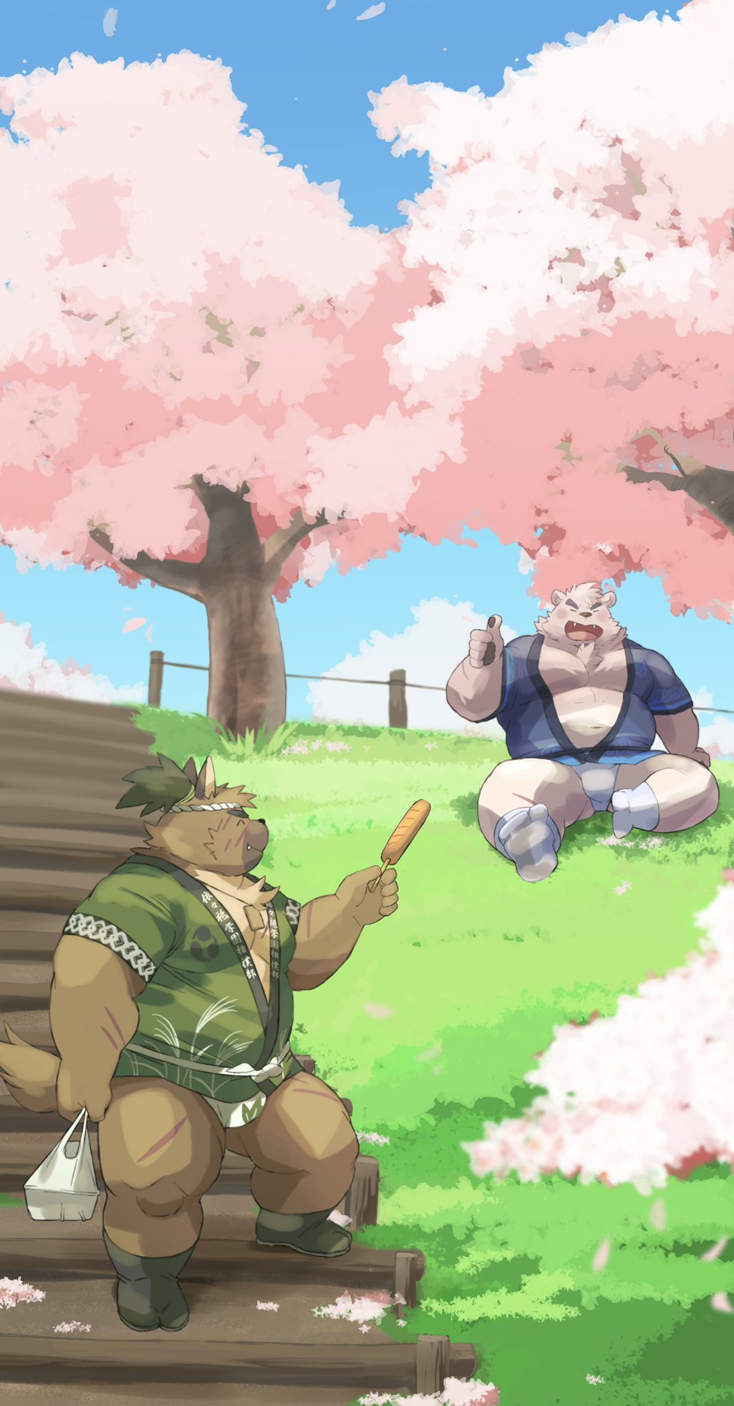 2022 anthro asian_clothing ayame42612 belly big_belly black_nose brown_body canid canine canis cherry_blossom cherry_blossom_tree cherry_tree clothing cute_fangs detailed_background domestic_dog duo east_asian_clothing eyes_closed food fruit_tree fundoshi happi_(clothing) hi_res humanoid_hands japanese_clothing kemono lifewonders male mammal outside overweight overweight_male plant sitting tokyo_afterschool_summoners tree underwear ursid video_games yasuyori
