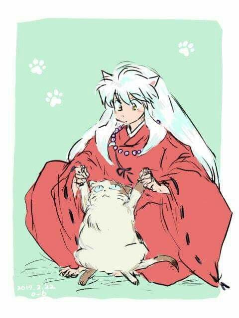 animal_humanoid bangs beads black_eyes black_tail canid canid_demon canid_humanoid clothed clothing demon dog_demon dog_ears domestic_cat duo eye_contact felid feline felis feral footprint fur green_background hair half_demon half_human hand_holding holding_animal holding_another holding_person humanoid inuyasha_(inuyasha) long_hair looking_at_another looking_down looking_up male mammal mammal_humanoid o_b pawprint pawprint_marking pink_ears playing pupils simple_background sitting slit_pupils whiskers white_background white_body white_fur white_hair
