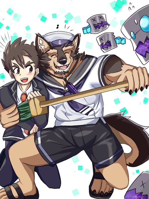 anthro blush broom brown_body brown_fur brown_hair canid canine canis claws cleaning_tool clothing domestic_dog duo embrace eyebrows footwear fur hair hat headgear headwear hug human kaibutsu_(live-a-hero) lifewonders live-a-hero male male/male male_operator mammal mugishima_3333 necktie protagonist_(live-a-hero) pubraseer sandals solo suit thick_eyebrows video_games