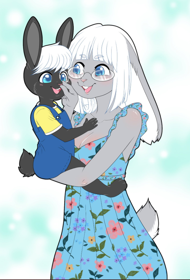 alexis_watterson_(rubythepinkdragon) anthro astrid_watterson_(rubythepinkdragon) black_body black_fur blue_eyes clothing daughter dress duo eyewear female flat_colors fluffy fluffy_tail fur glasses grey_body grey_fur hair happy lagomorph leporid mammal mother mother_and_child mother_and_daughter mute overalls parent parent_and_child purplevulpes rabbit short sibling sundress twins white_hair