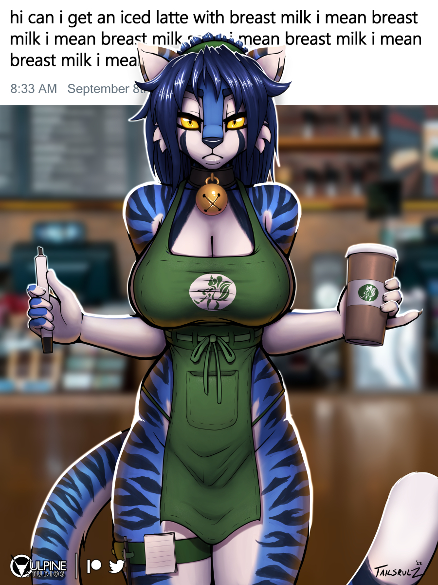 anthro apron bell bell_collar big_breasts blue_hair breasts clothing coffee_cup coffee_shop collar conditional_dnp container cup felicia_(tailsrulz) felid female hair hi_res i_mean_breast_milk looking_at_viewer mammal meme pantherine solo tailsrulz thick_thighs tiger yellow_eyes