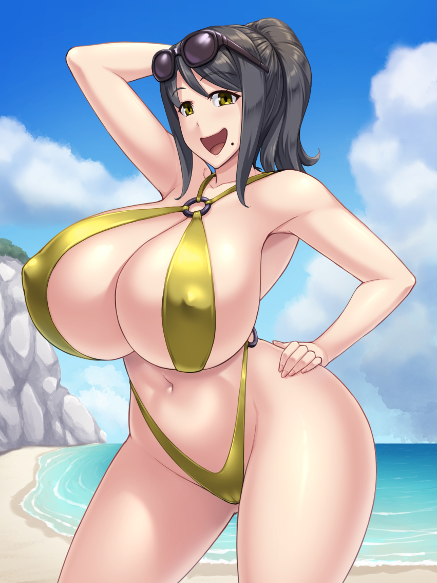 1girl beach bikini black_hair blue_sky breasts cameltoe cliff cloud covered_nipples curvy day gigantic_breasts gold_bikini hands_in_hair kawanuma_uotsuri mole mole_under_mouth navel ocean open_mouth original outdoors sky smile solo sunglasses swimsuit