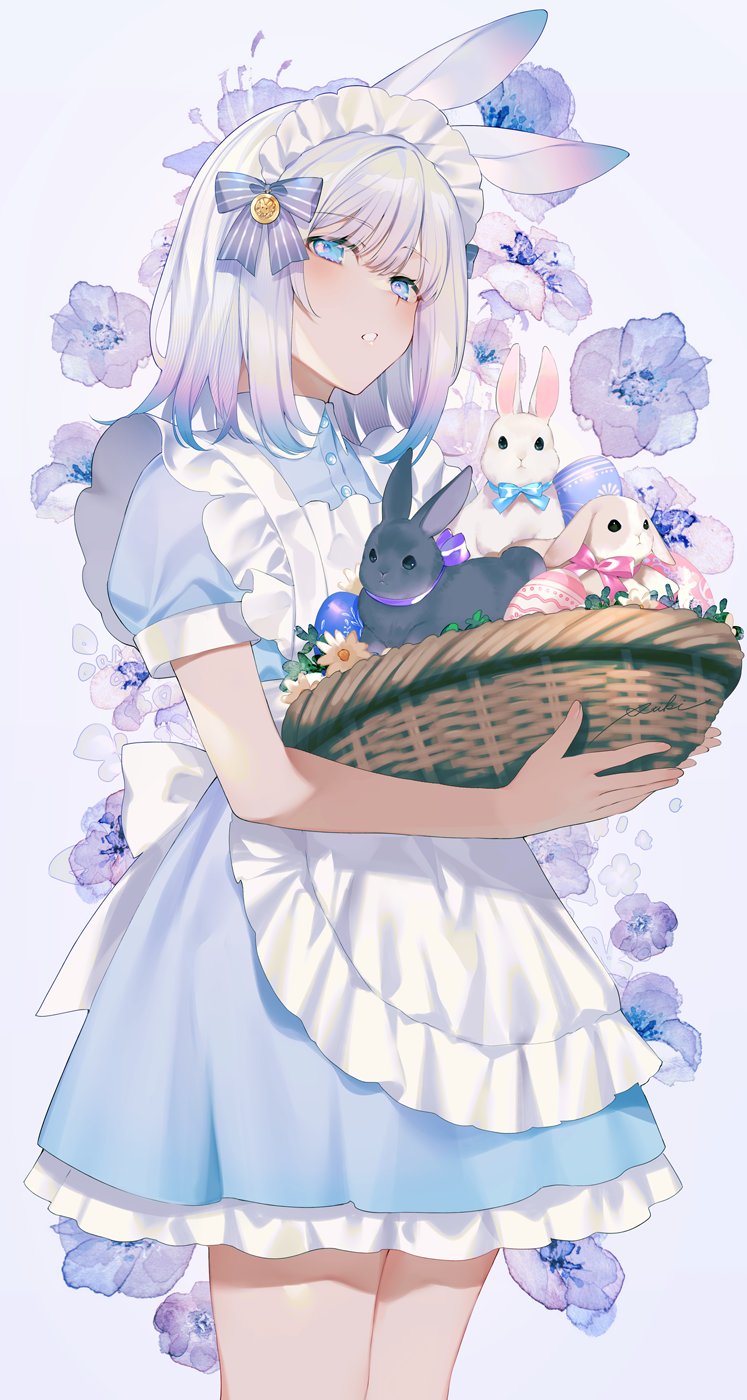 1girl :o achiki animal animal_ears apron back_bow bangs bare_arms basket blue_bow blue_dress blue_eyes blue_hair blush bob_cut bow bunny buttons clothed_animal coin_hair_ornament collared_dress colored_tips dress easter easter_egg egg flat_chest floral_background gradient_fur gradient_hair hair_bow head_tilt highres holding holding_basket lipgloss looking_at_viewer looking_down maid_headdress multicolored_hair original pink_bow pink_hair purple_background purple_bow purple_hair rabbit_ears short_dress short_sleeves solo streaked_hair striped striped_bow symbol-only_commentary white_apron white_bow white_hair