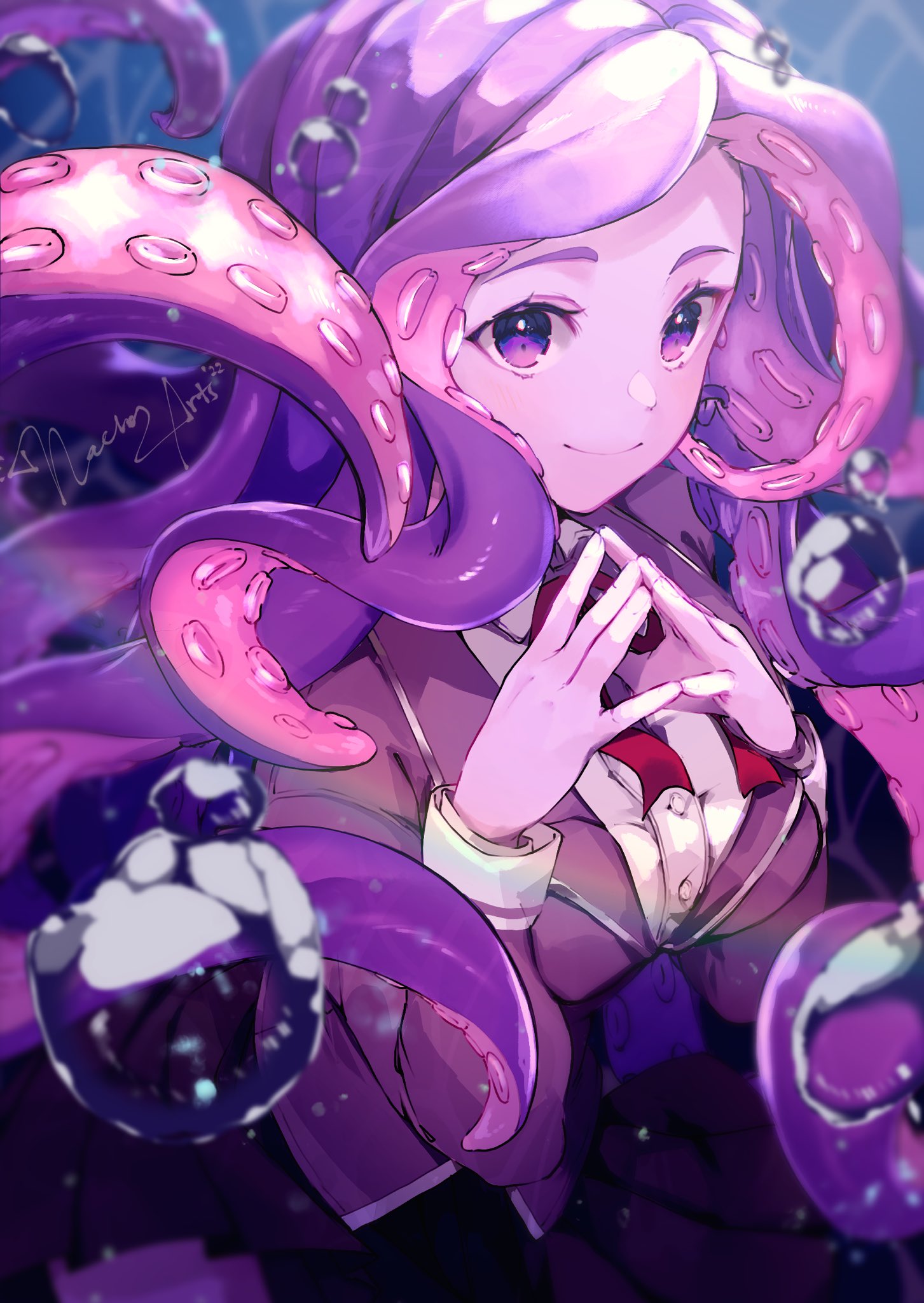 1girl air_bubble breasts bubble character_request colored_skin commission copyright_request highres jacket long_hair long_sleeves making-of_available monster_girl nachoz_(nachozart) neck_ribbon purple_eyes purple_hair purple_skin purple_theme ribbon scylla smile solo steepled_fingers suction_cups tentacle_hair tentacles underwater