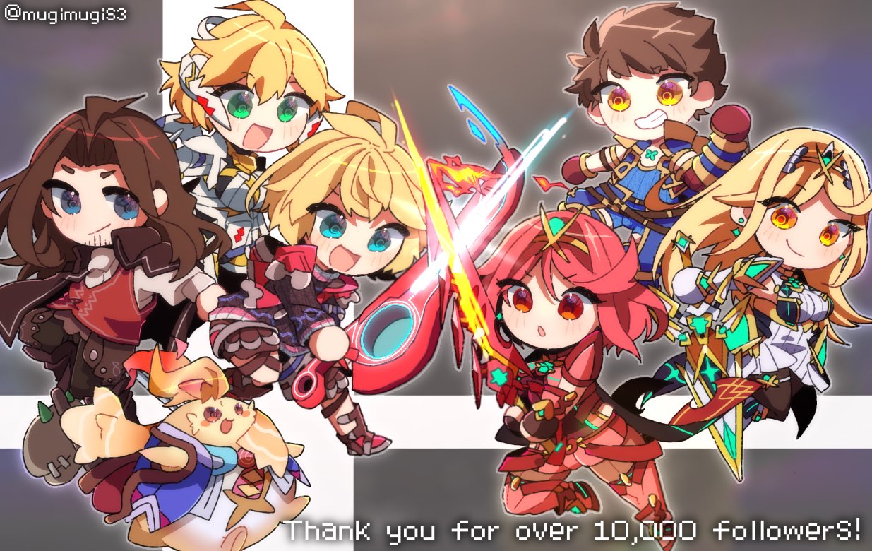 3girls 4boys aegis_sword_(xenoblade) bangs blonde_hair breasts chest_jewel chibi dress dunban_(xenoblade) fiora_(xenoblade) large_breasts long_hair mecha-fiora monado mugimugis multiple_boys multiple_girls mythra_(xenoblade) pyra_(xenoblade) red_eyes red_hair red_shorts rex_(xenoblade) riki_(xenoblade) short_dress short_hair short_shorts shorts shulk_(xenoblade) swept_bangs very_long_hair white_dress xenoblade_chronicles xenoblade_chronicles_(series) xenoblade_chronicles_2 yellow_eyes