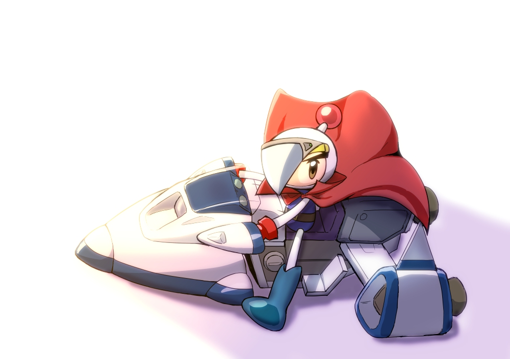 1boy akira blue_footwear blue_leotard bodysuit bomberman bomberman_jetters boots brown_eyes cape commentary gloves helmet high_collar hover_bike knee_boots leotard looking_at_viewer male_focus mighty_(bomberman) nasi_(pixiv_54703114) no_mouth one_eye_covered red_cape red_gloves riding scene_reference simple_background sitting solo v-shaped_eyebrows white_background white_bodysuit white_headwear