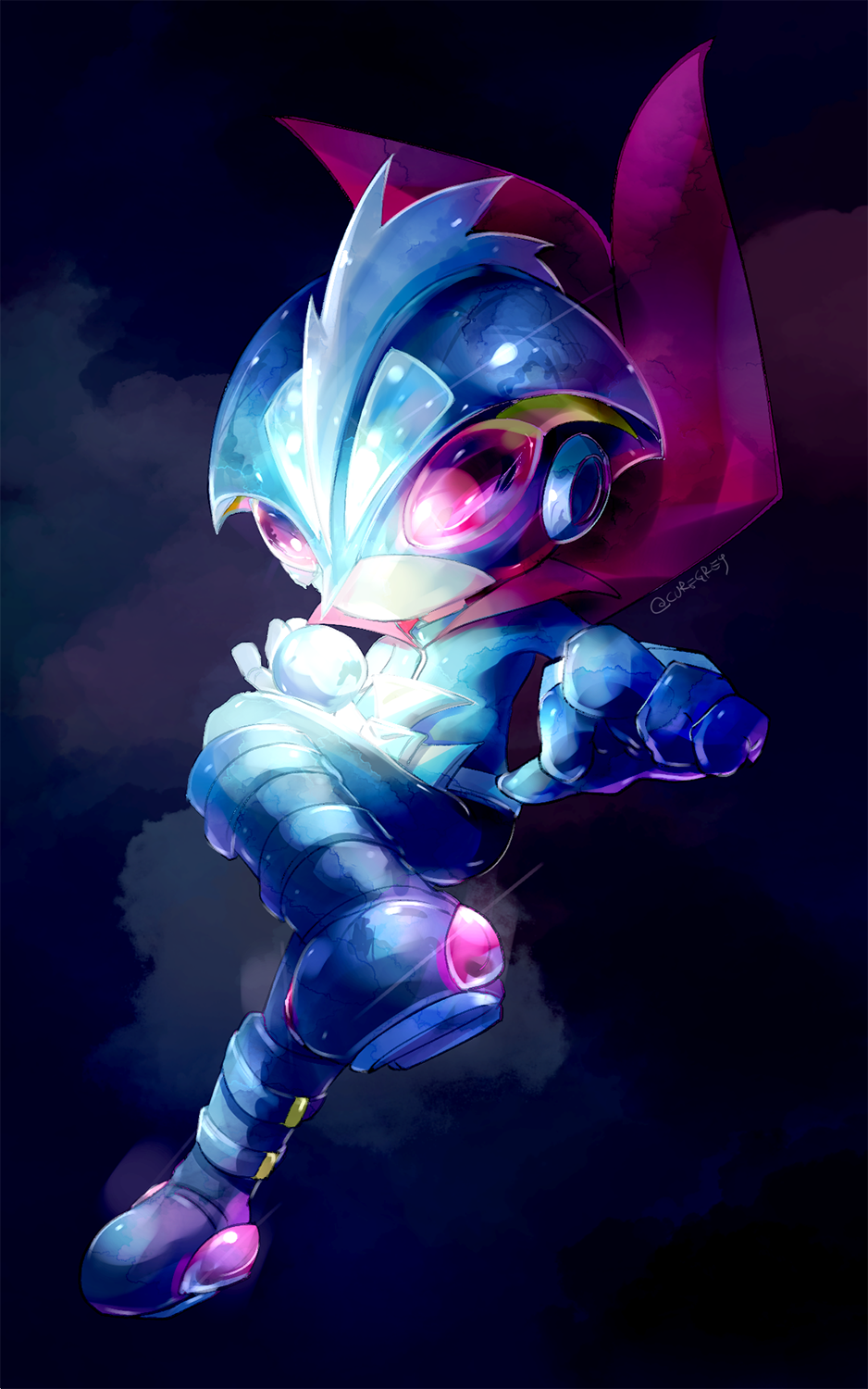 1boy artist_name belt blue_background blue_footwear blue_gloves blue_pants blue_shirt blue_theme bomberman bomberman_jetters boots cape commentary english_commentary full_body gloves glowing helmet highres humanoid_robot leg_up male_focus max_(bomberman) orb pants red_cape red_eyes shirt signature solo standing standing_on_one_leg tochiringo twitter_username