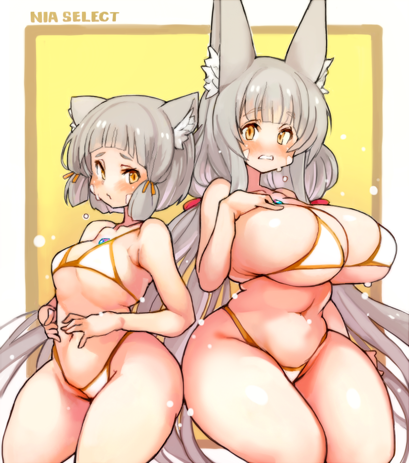 animal_ears bangs bikini blunt_bangs breasts cat_ears chest_jewel dual_persona facial_mark flat_chest large_breasts long_hair low_twintails navel nia_(blade)_(xenoblade) nia_(xenoblade) revision sachito short_hair silver_hair swimsuit twintails very_long_hair xenoblade_chronicles_(series) xenoblade_chronicles_2 yellow_eyes