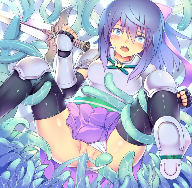 1girl anus armor bangs bar_censor black_gloves black_legwear blue_eyes blue_hair blush boobplate censored clenched_teeth clothing_aside commentary_request crying crying_with_eyes_open eyebrows_visible_through_hair fingerless_gloves fireflysnow foot_out_of_frame gauntlets gloves hair_between_eyes hair_ribbon holding holding_sword holding_weapon imminent_rape looking_at_viewer lord_knight_(ragnarok_online) miniskirt panties panties_aside pauldrons pink_skirt poleyn pussy ragnarok_online ribbon shoulder_armor skirt solo spica_parfait spread_legs spread_pussy strong_stars_story sword tears teeth tentacle_sex tentacles thighhighs underwear vaginal weapon