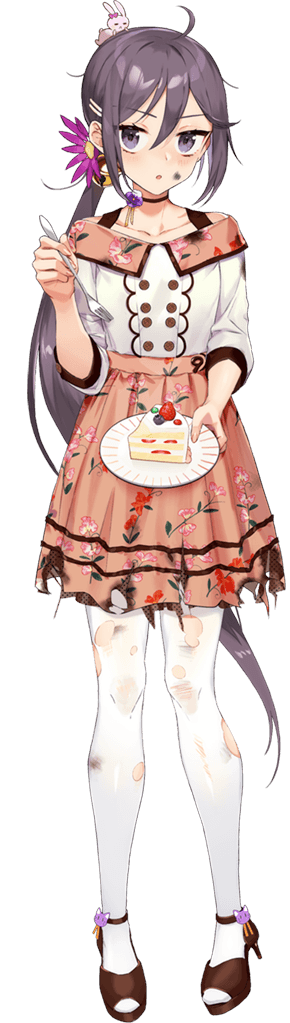 1girl akebono_(kancolle) akebono_kai_ni_(kancolle) alternate_costume animal bell bunny cake cake_slice collarbone defeat dress drew_(drew213g) eyebrows_visible_through_hair flower food fork full_body hair_bell hair_between_eyes hair_flower hair_ornament holding holding_fork holding_plate jingle_bell kantai_collection long_hair official_art pantyhose plate purple_eyes purple_flower purple_hair side_ponytail solo source_request torn_clothes torn_legwear transparent_background white_legwear